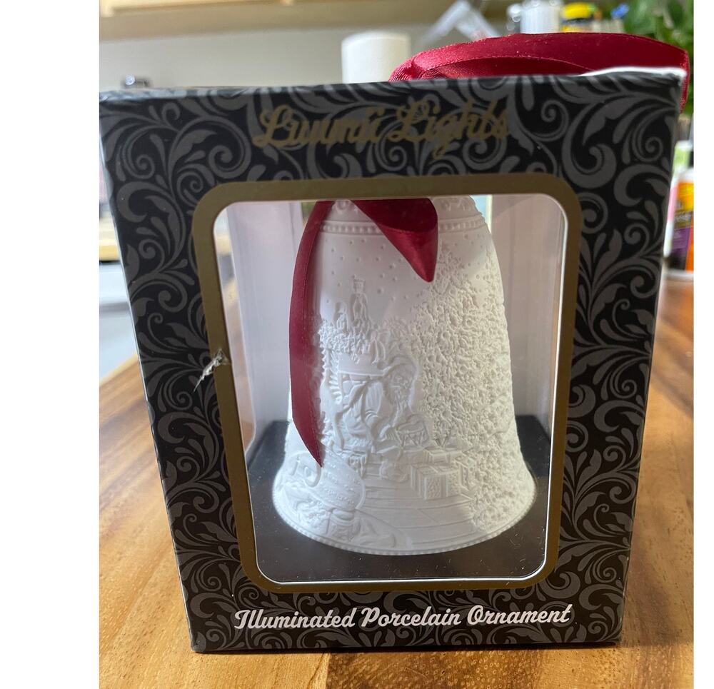 Illuminated Porcelain Christmas Ornament Bell Santa LED Light NEW Holiday